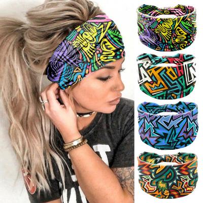 Wide Sweat Absorbing Sports Headband Quick Drying Stretchy Women Bohemia Style Plaid Pattern