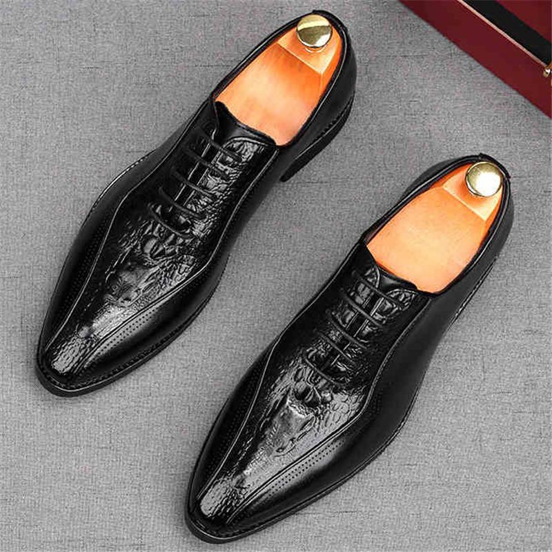 Fashion Fashion Men's Black Pointed Lace Up Patent Leather Oxfords Flats Casual Shoes Male Homecoming Wedding Dress Zapatillas Hombre
