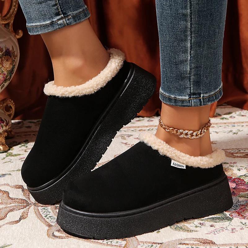 Fashion 2025 New Faux Suede Fur Slippers Women Winter Slip On Non Slip Thick Sole Snow Boots Woman Warm Thicken Plush Cotton Shoes 36-41