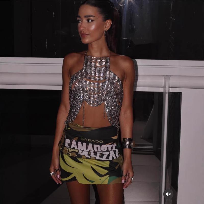 Silbernes Strass-Neckholder-Crop-Top