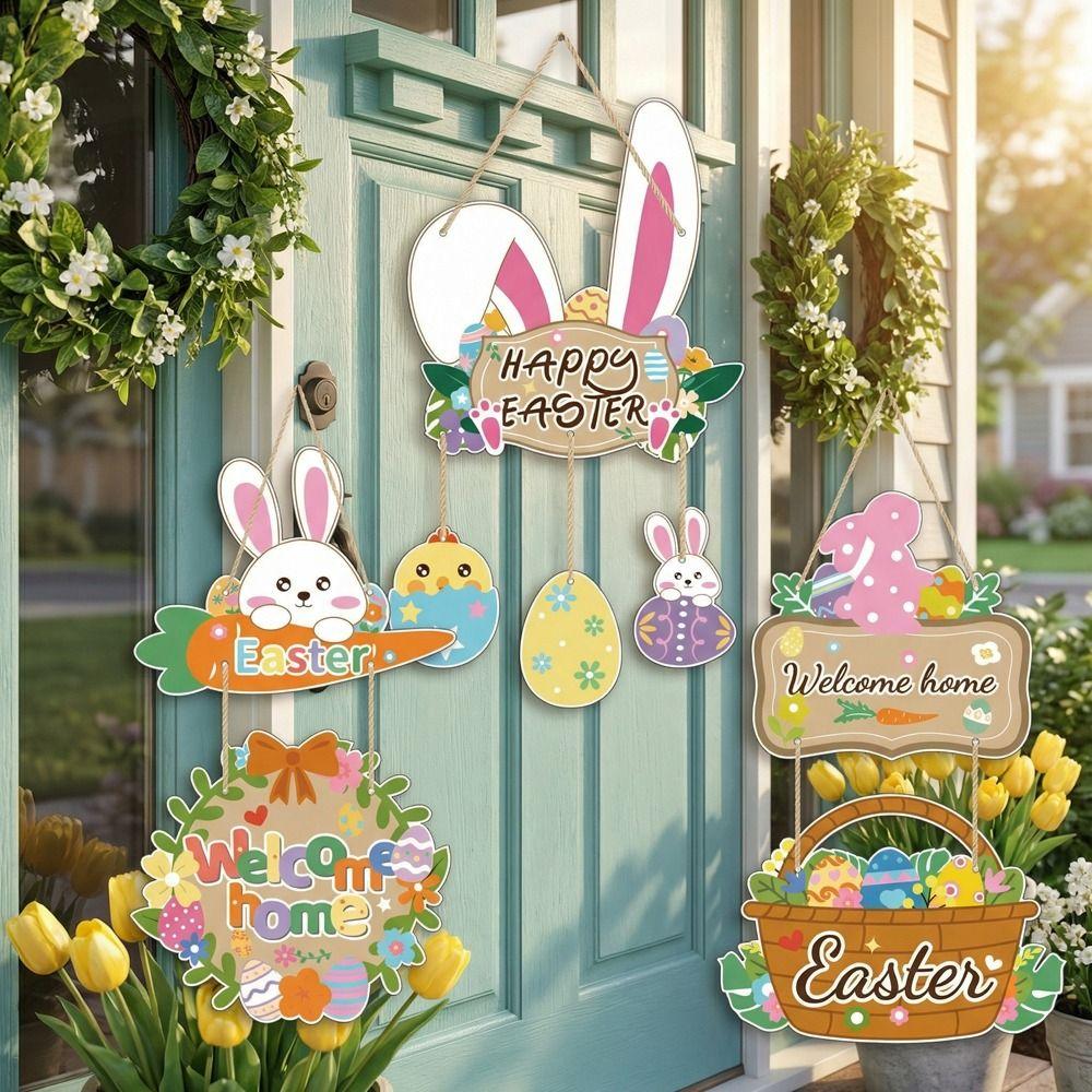 Paper Easter Welcome Sign Colorful Easter Hanging Ornament Bunny Egg Decor Porch Display