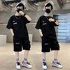 Boys' Summer Casual Set with Waffle Sport Short Sleeve T-shirt and Shorts, Simple and Handsome Two Piece Set