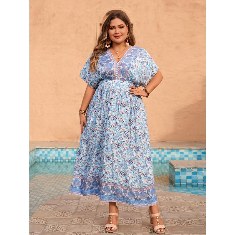 

Женское платье полного размера с принтом, короткими рукавами, V-образным вырезом, длинное платье 4XL синий