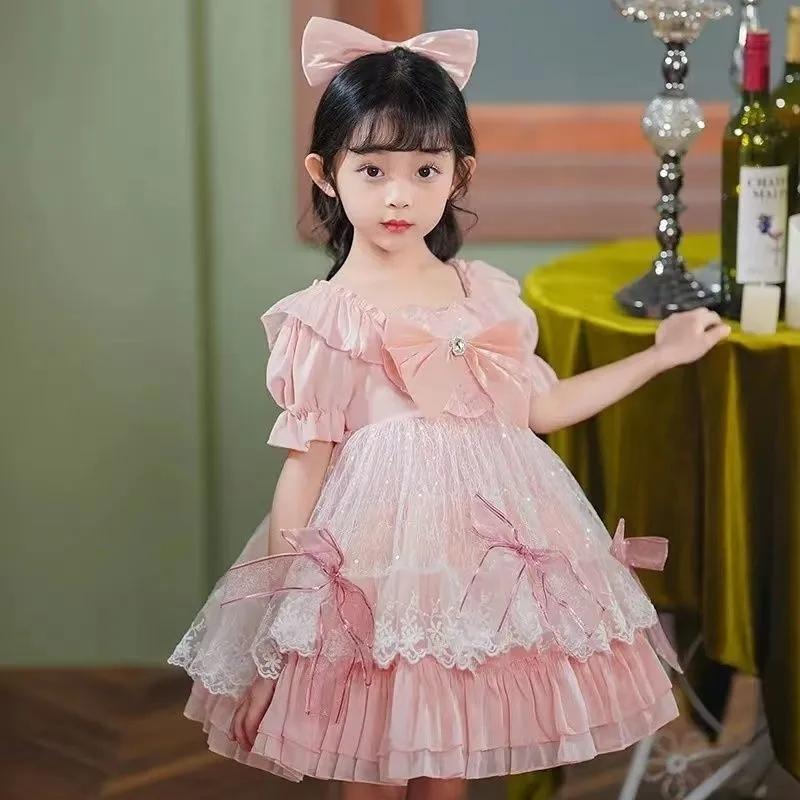 Lolita Girls Princess Dress Spring Autumn Children's Long Sleeve Pink Dress Lace Bow Decoration Sweet A-line Skirt Fairy Set