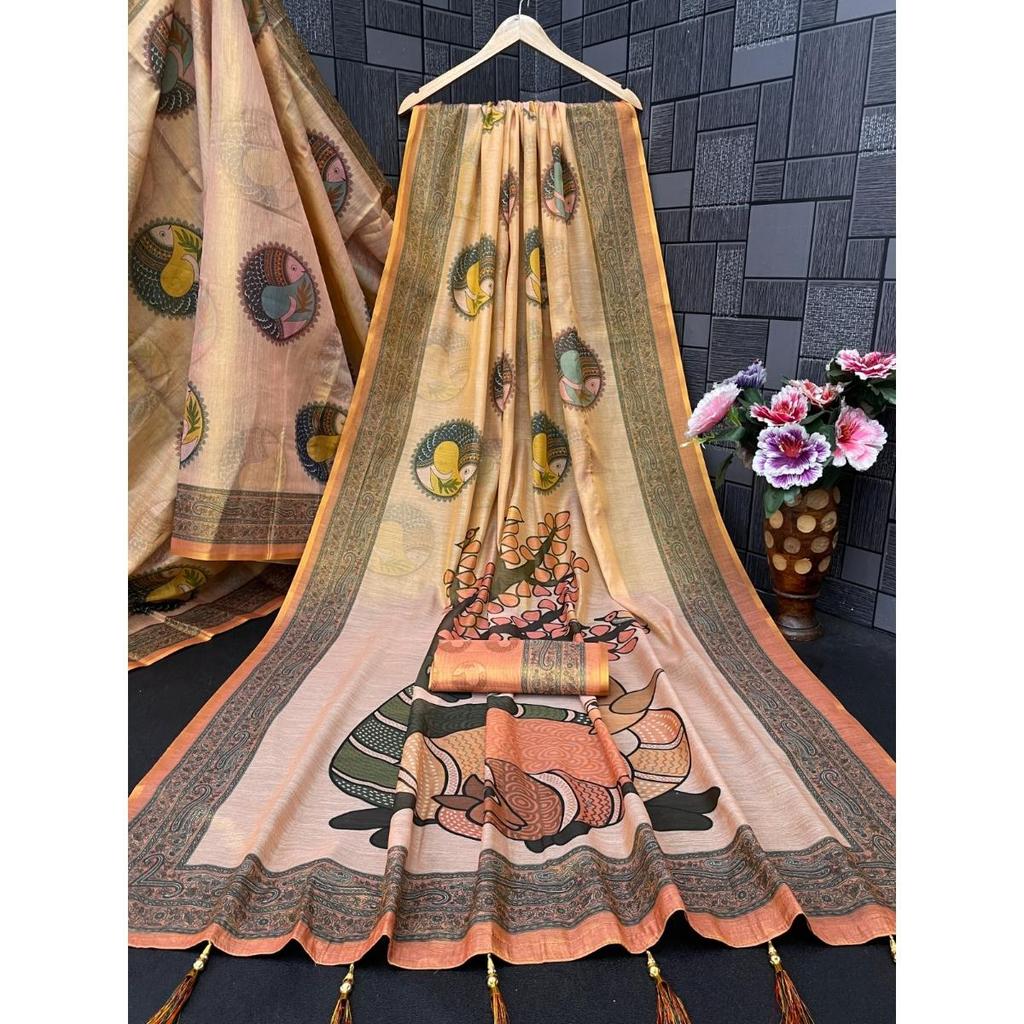 Soft premium handloom fabric Digital Print With  Rich Pallu With Lace Border On Saree
