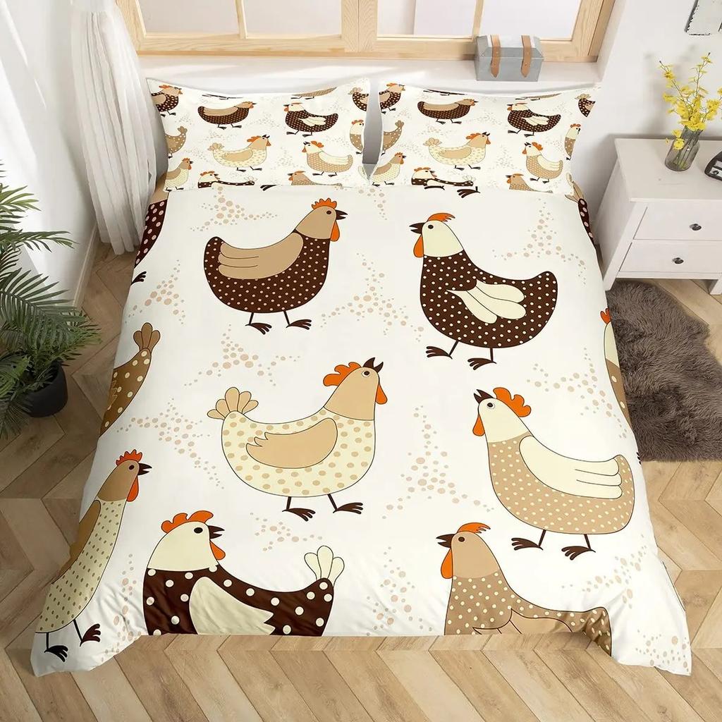 Cute Chicken Duvet Cover King Queen Colorful Rooster Bedding Collection Farm Animal Comforter Cover Funny Rustic Farmhouse Quilt Cover