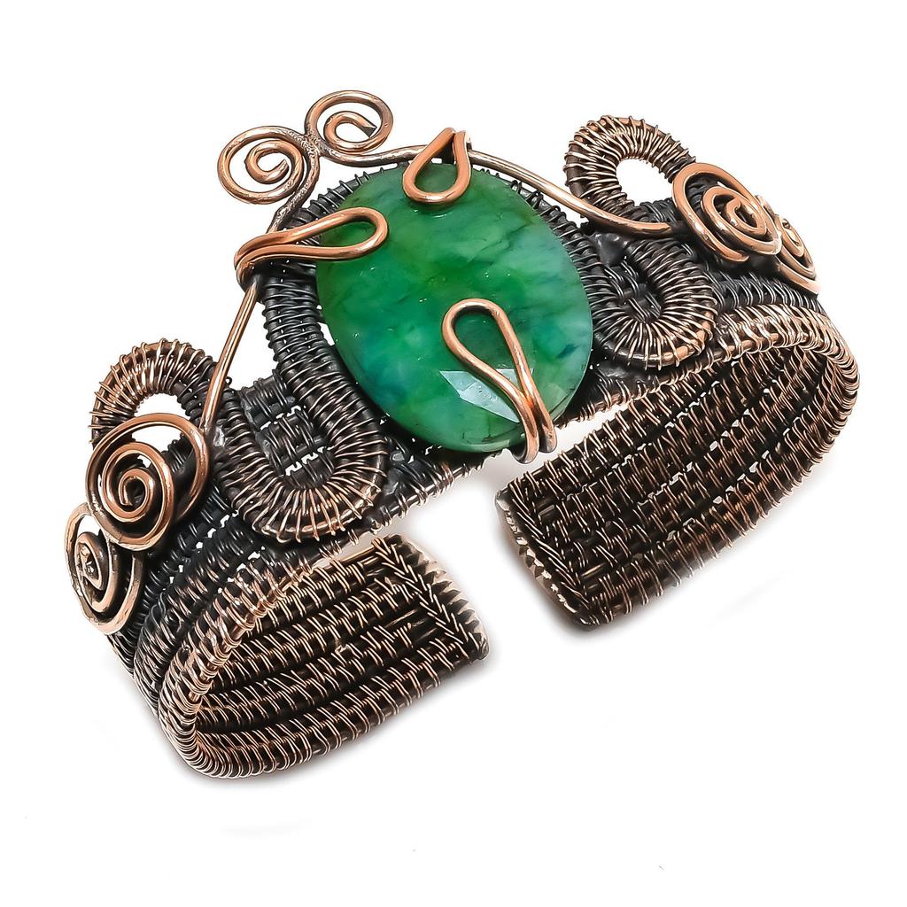 Emerald Bangle 999 Copper Wire Wrapped Jewelry, Handmade Gemstone Bangle Jewelry, For Wedding Gift