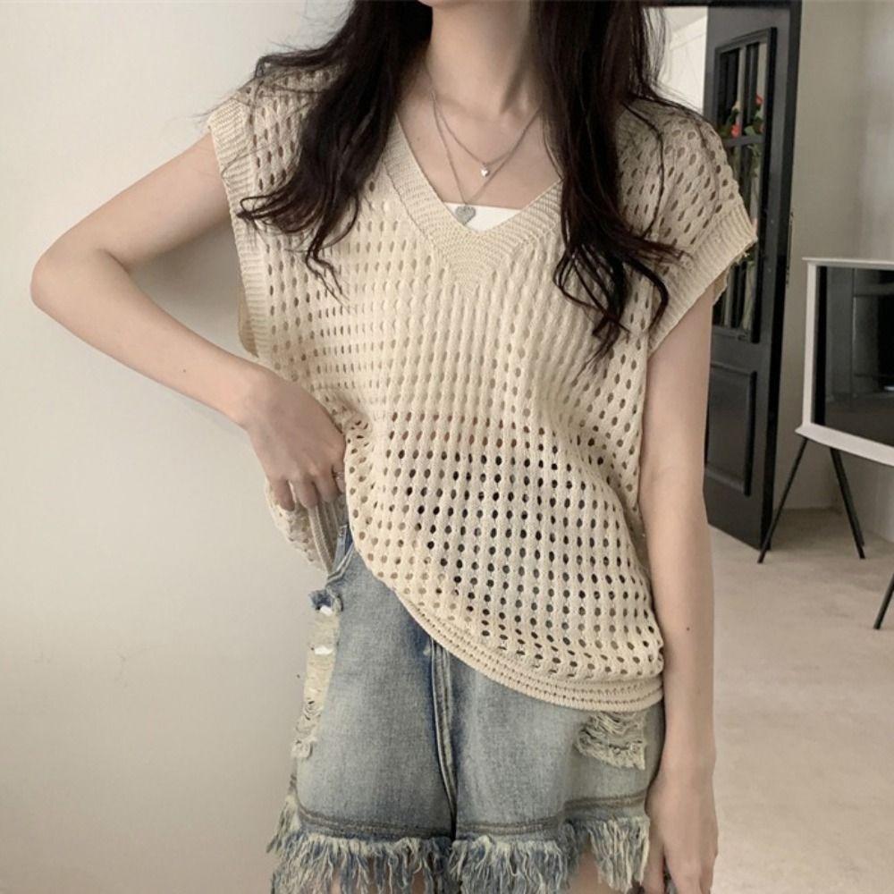 V-neck Hollow Out Knit T-shirt Oversized Beach Crochet Sweater Vest Leisure   Streetwear