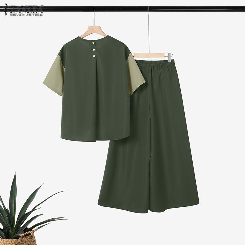 ZANZEA Women Half Sleeve Blouse and Loose Wide Leg Pants Casual Two Piece Suit Sets
