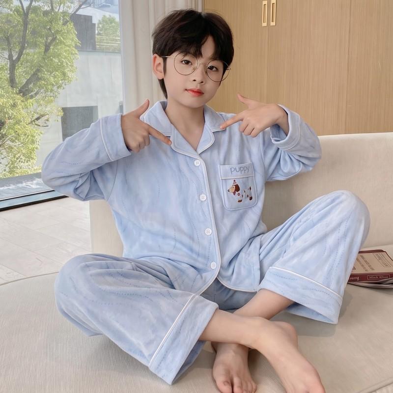 Boys Warm Fleece Pajama Set Long Sleeve Cartoon Print Sleepwear Kids 8 Years Home Wear Fall