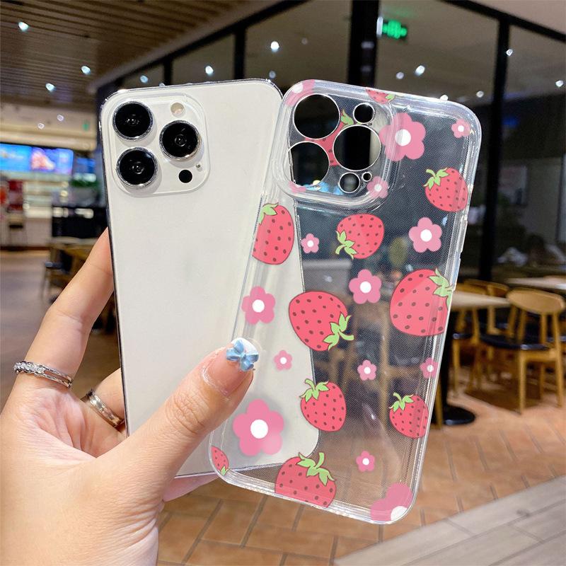 Foreign Trade Mobile Phone Case Ultra-thin, Sweet Strawberry Transparent Soft Case iPhone17 Anti-drop All-inclusive Apple 15promax