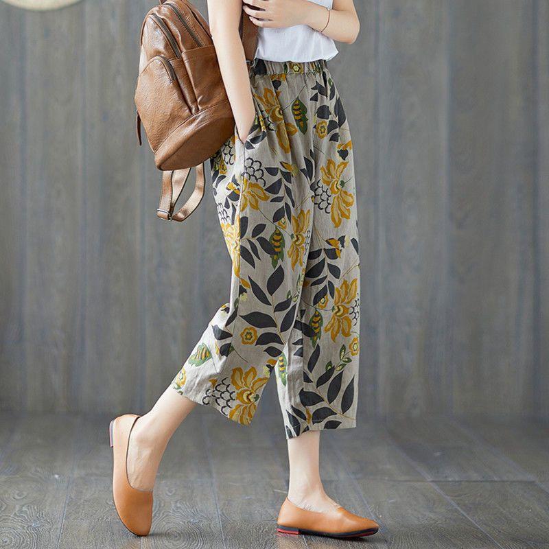 Spring and Summer Women's Harlen Pants Women Cotton and Linen Summer Print Nine-point Harlen Pants Women