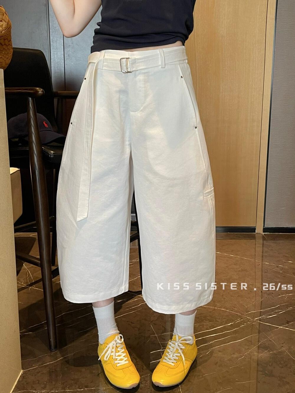 Tencel Cotton Wide-Leg Slimming Casual Pants with Belt - B6266 Medium