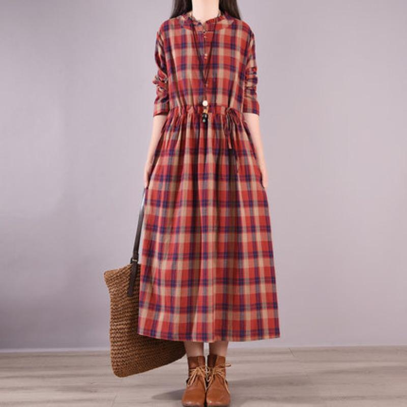 Loose Women's Lace Up Plaid Dress