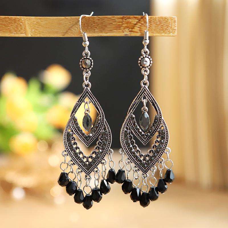 Red Retro Tassel Water Drop Earrings with Diamonds – Chinese Style for Women