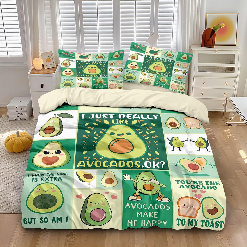 3PCS Cartoon Avocado Duvet Cover Set "LIKE AVOCADOS" Slogan Soft Bedding Decor Machine Washable No Insert