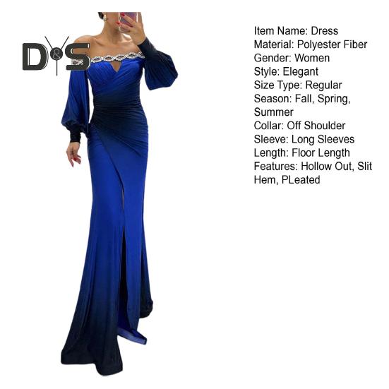 Abendkleid für Damen, schulterfrei, ausgehöhlt, Strass, Hochzeitskleid, schmales, plissiertes Maxikleid für den Abschlussball, lange Laternenärmel, geschlitzter Saum, Kontrastfarbe, Ballkleid