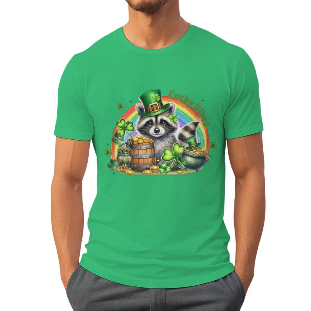 St Patricks Day Raccoon Shirt Lucky Vibes Short Sleeve Round Neck Tee Cartoon Lucky Raccoon St Patricks Day Unisex TShirt