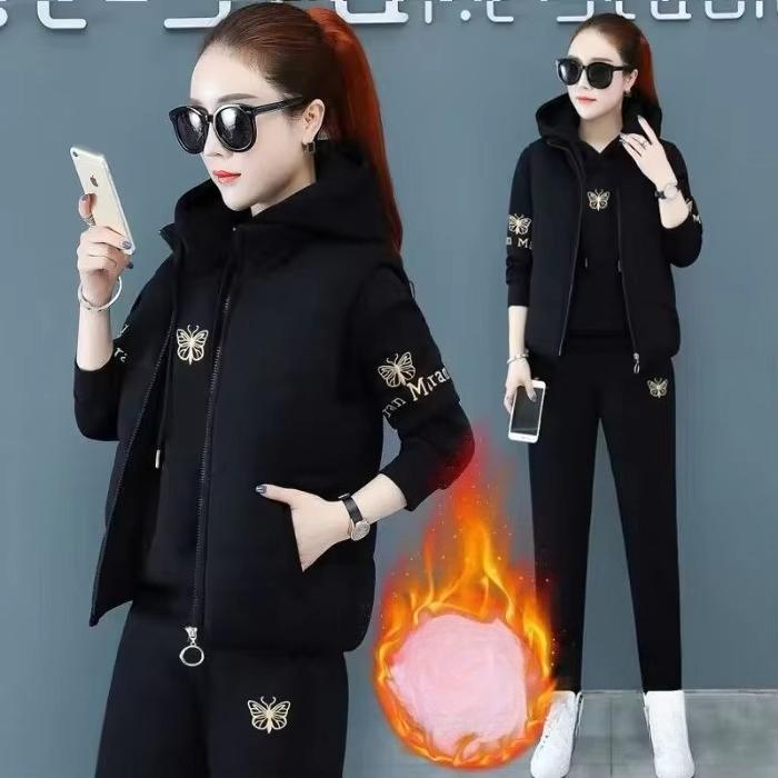 2 Pieces Women Sets Autumn Thickened Fleece Sportswear Vest+hoodies+pant Cold-proof Winter Coat Sets Women's Clothing