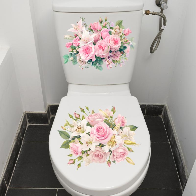 Flower Pattern Toilet Stickers Bathroom Decoration Stickers Decor Self-adhesive Wallpaper Removable PVC Waterproof Sticker