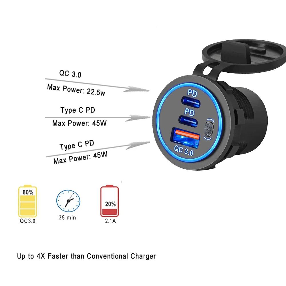 78W Διπλή Πρίζα Φορτιστής Αυτοκινήτου PD QC3.0 Αξεσουάρ Αδιάβροχη Πρίζα Γρήγορης Φόρτισης 3.0 Πρίζα Τροφοδοσίας για 12V/24V Μοτοσυκλέτα Φορτηγό Σκάφος
