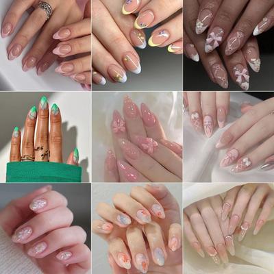 24/30PCS Reusable 3D Effect False Nail Pink Bow Glitter Fake Nail Full Cover Green Ripple Press On Nails for Women Girl