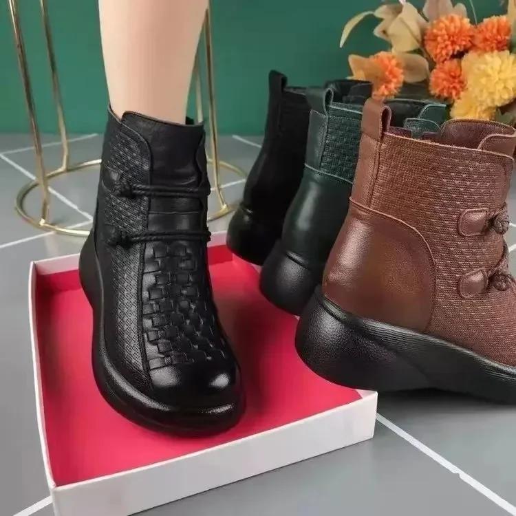 Kış Platform Botlar Kadın Bilekte Bot Retro Anne Ayakkabıları Etnik Sıcak Peluş Rahat Yumuşak Taban Su Geçirmez Kadın Ayakkabısı Botas Mujer