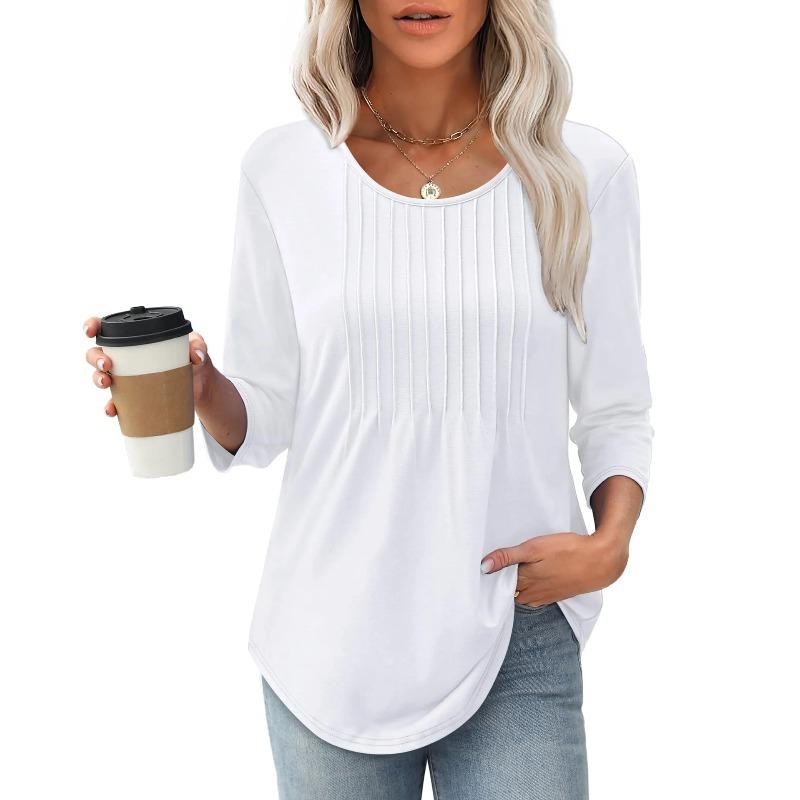 Autumn New Women's Long Sleeve Top Fashion Casual Pleated Low Crew Neck Women's Shirt
