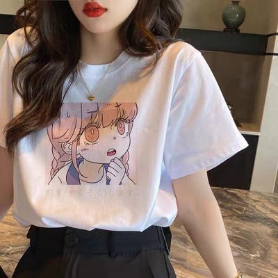 Kurzärmeliges T-Shirt für Damen, locker bedruckt, einfaches Oberteil im Hong Kong-Stil