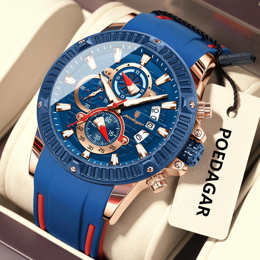 POEDAGAR Sports Men Watches Waterproof Luminous Chronograph Date Military Watch Silicone Strap Quartz Wristwatch Reloj