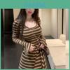 Vintage Striped Knit Dress With Long Sleeves For Spring Retro Style Women