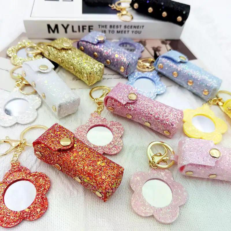 1Pcs Portable Lipstick Bag Pouch Lip Balm Bag Keychain Holder Creative Lipsticks Protective Cover With Mirror