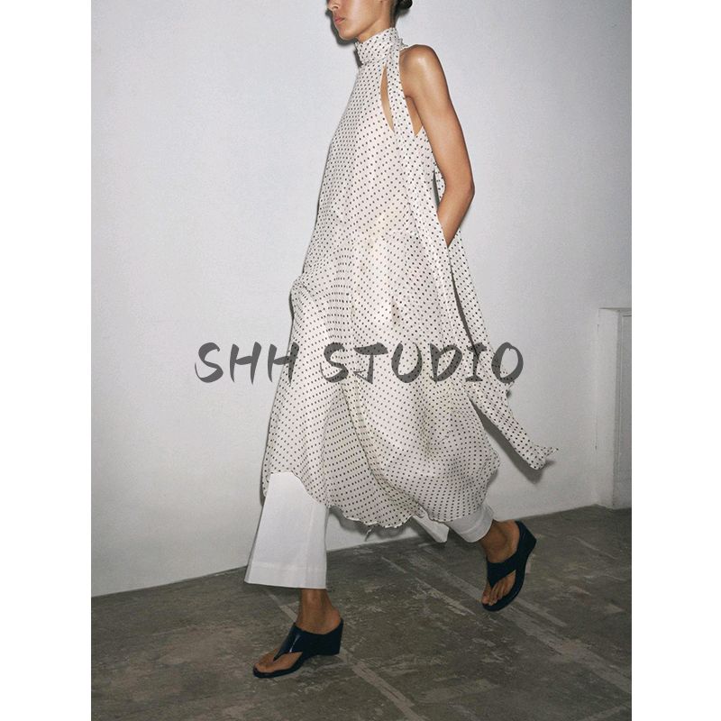 Spring and Summer New Women Clothes Bowknot Decoration Asymmetric Hem Polka Dot Hanging Collar Dress 5289042