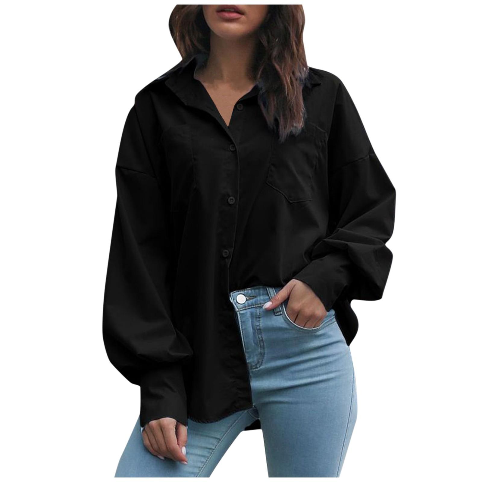 Женская свободная однотонная рубашка с длинным рукавом и лацканами — фото 6