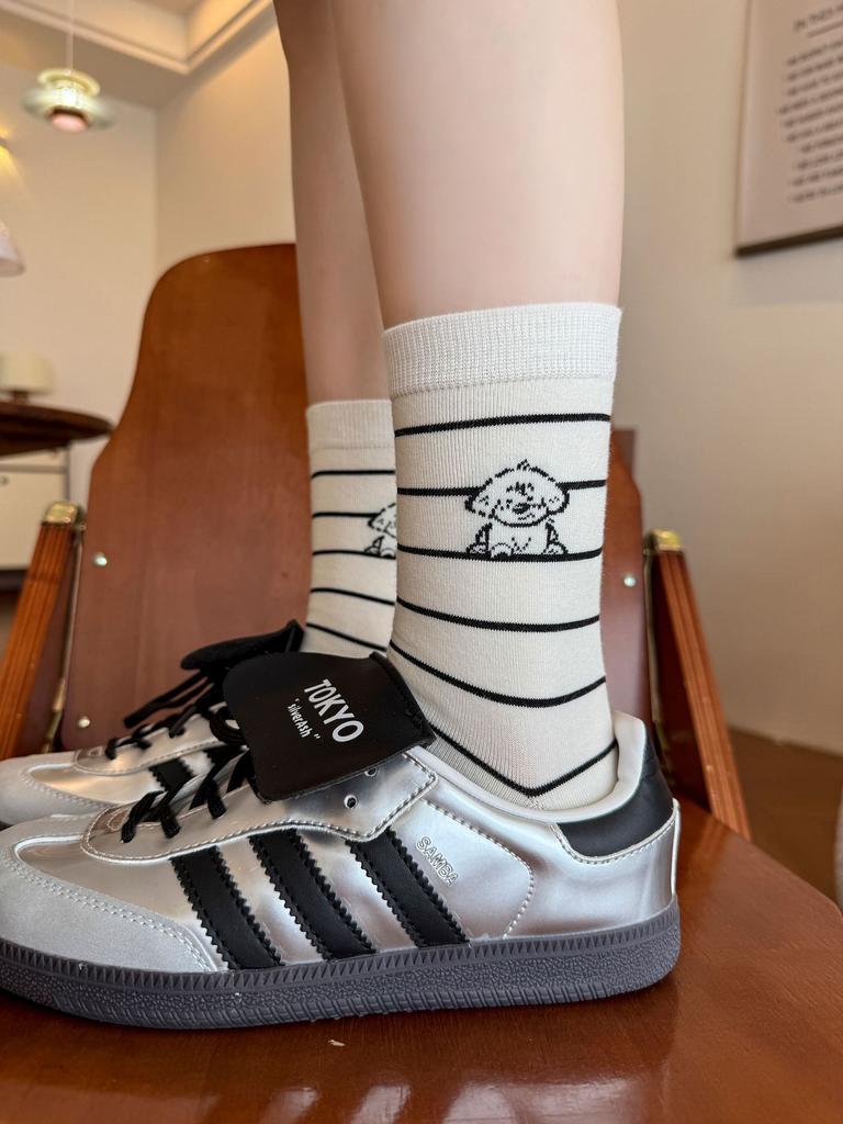 White Cartoon Socks Socks Spring Cotton Striped Stack Socks Cute Puppy Polka Dot Stockings
