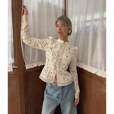 Nueva Camisa de Encaje con Flores para Mujer, Moda para Ir al Trabajo, Manga Larga, Cárdigan, Top, Retro, Slim, Cuello Alto, Blusas de Señora