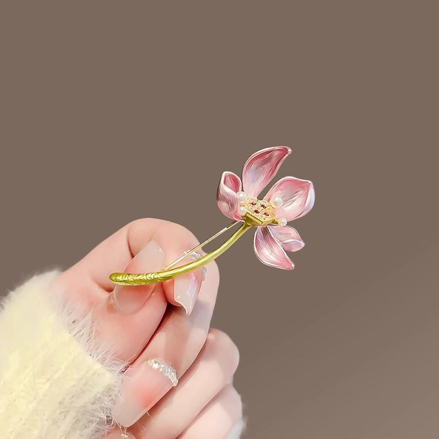 Elegant Light Pink Pearl Lotus Brooch - Classical Style for Women