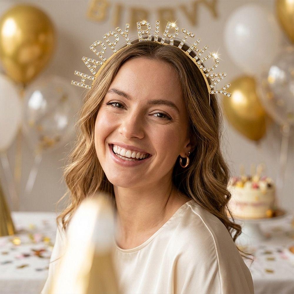 Metal HAPPY BIRTHDAY Headband Glitter Rhinestone Princess Hairbands Birthday Decoration