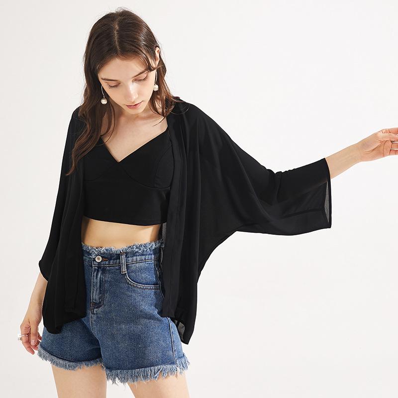 

Женский белый летний шифоновый кардиган - Легкий, стильный солнцезащитный топ One Size (suitable for 90-150 cm) чёрный