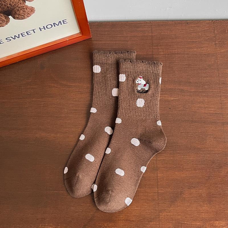 Female Spring and Autumn Lovely Polka Dot Lovely Embroidered Cartoon Dog In Tube Cotton Socks