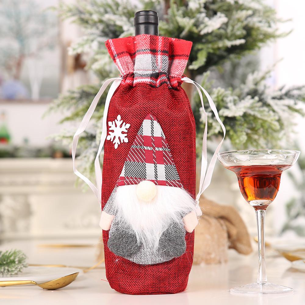 

Creative Nordic Santa Wine Bottle Bag In Red And Gray Checkered Burlap For Christmas Decor Red Checkered Wine