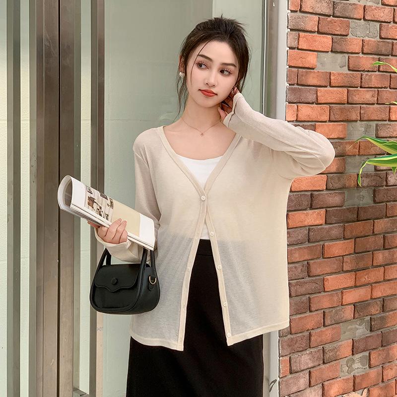 

Tencel Cardigan Korean V Neck Knit Top Solid Summer Air Conditioning Cover Long Sleeve Base Layer Women Slim Fit One Size абрикосовий