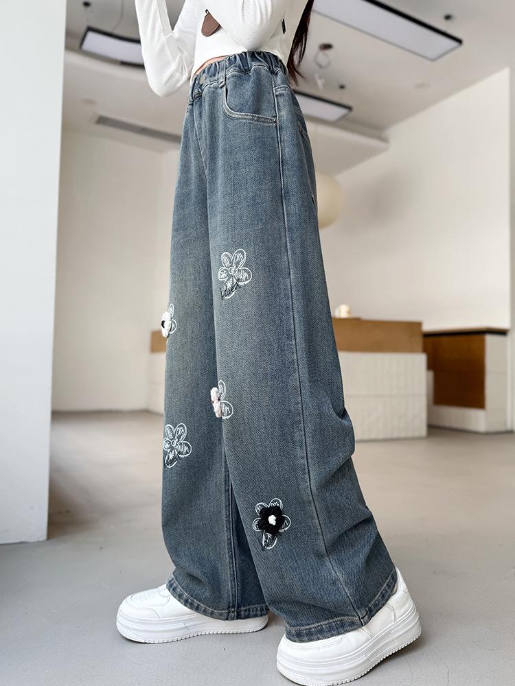 Autumn 2025 Girls' Wide Leg Jeans with 3D Flowers - Fashionable High Waist Straight Leg Pants for Kids