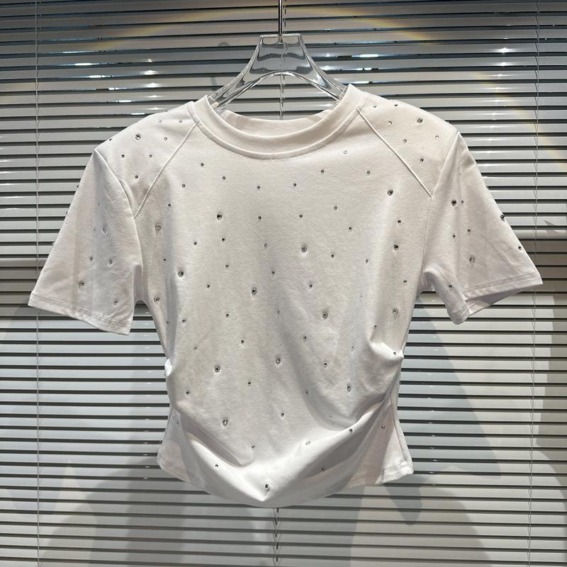 2025 Summer Rhinestone Padded Shoulder Crop T-Shirt