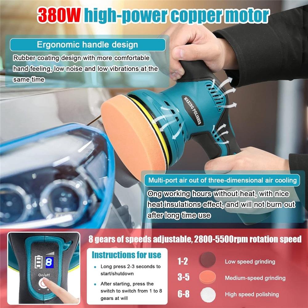 Cordless Eccentric Car Polisher with 8 Adjustable Speeds, Multi-Function Metal Waxing and Wood Grinding Rust Remover