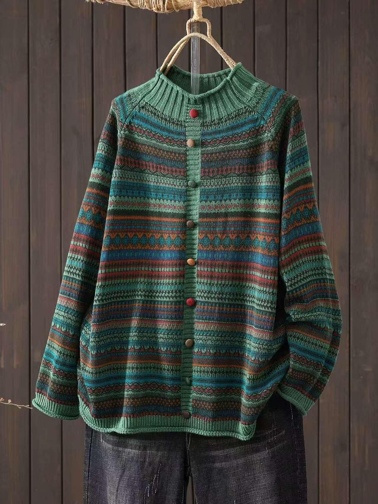 Johnature Женские винтажные полосатые пуловеры с воротником-стойкой вязаная смесь на пуговицах весенние с длинным рукавом мягкие свитеры One Size зелёный 3100₽