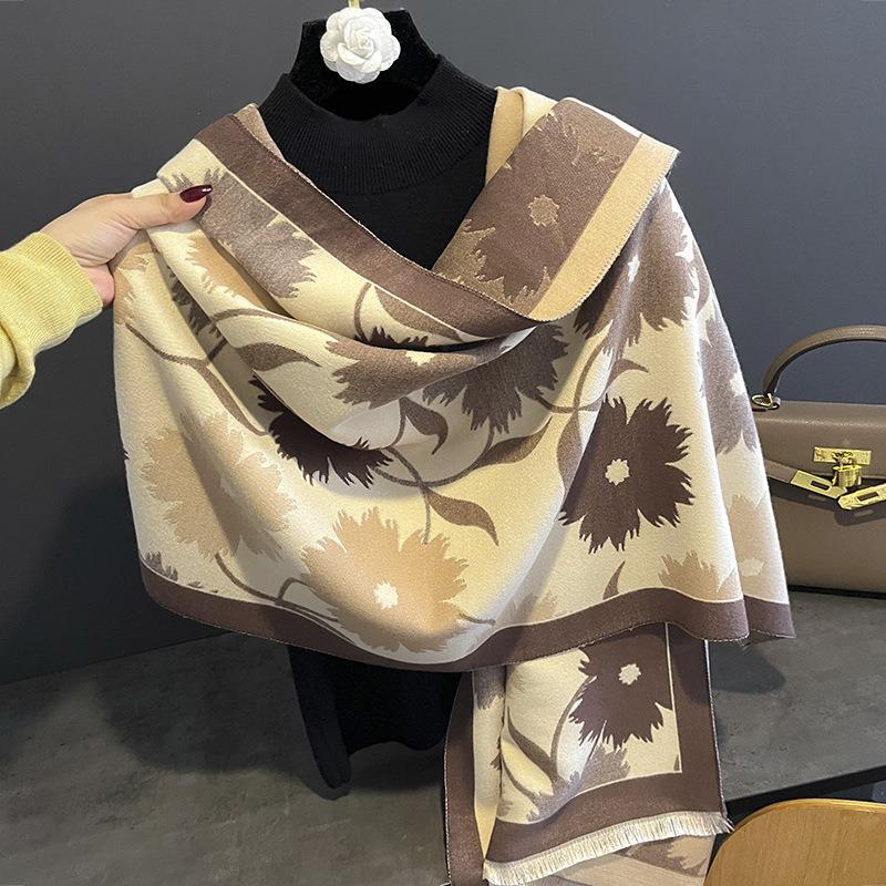 Sunflower Pattern Autumn and Winter New Imitation Cashmere Scarf for Women Warm and Thickened Versatile Long Shawl and Scarf