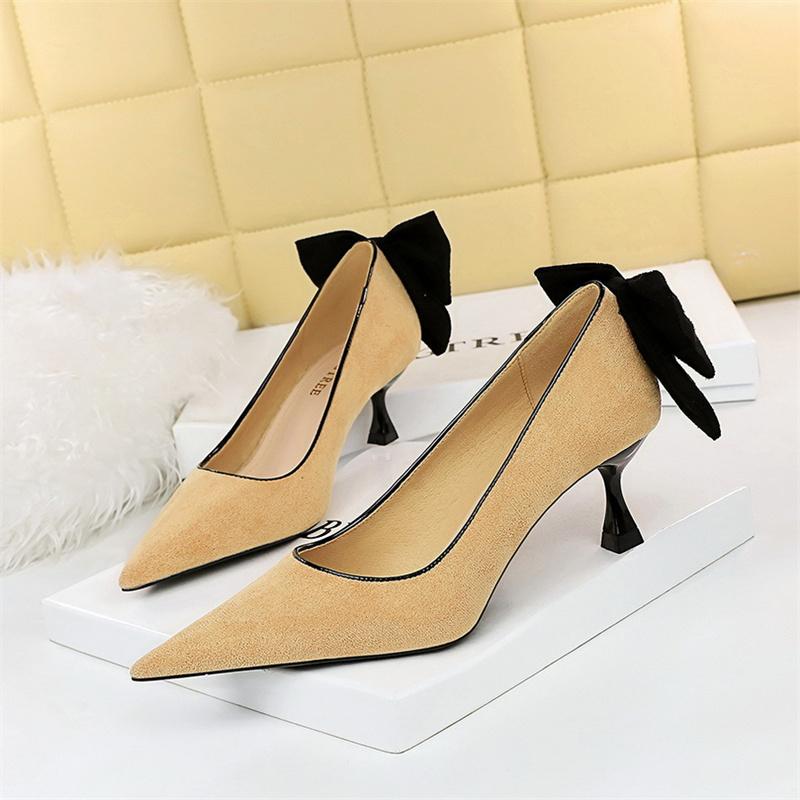Mode Elegante Frauen Flacher Mund Dünne High Heels Pumps Süße Nette Hochzeit Spitz Zurück Bogen Prom Wildleder Einzelne Schuhe