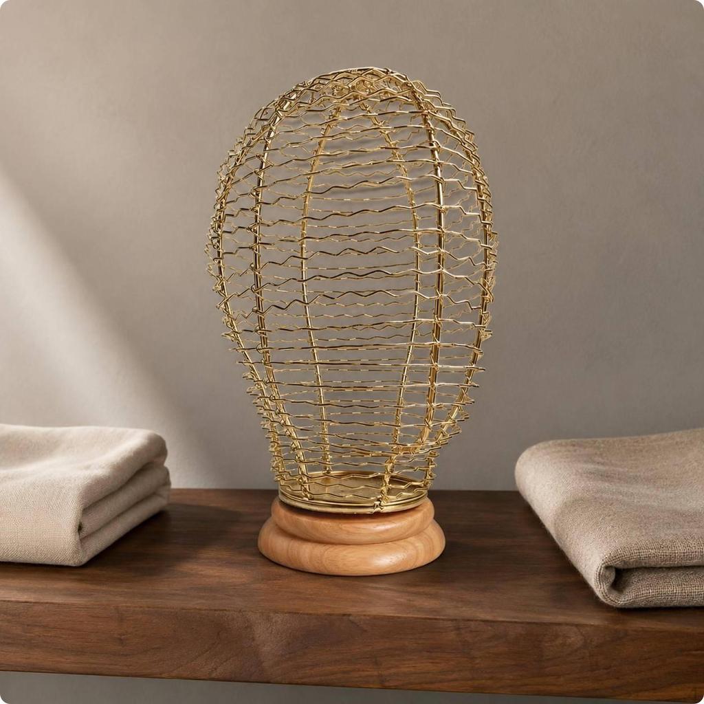 Wire Mannequin head GoldenColored Wood Base Hat Stand OpenFrame