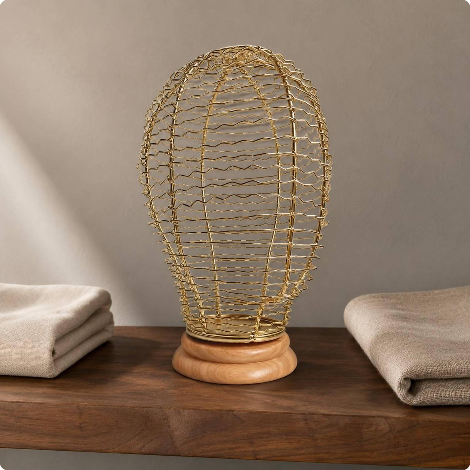 Wire Mannequin head GoldenColored Wood Base Hat Stand OpenFrame